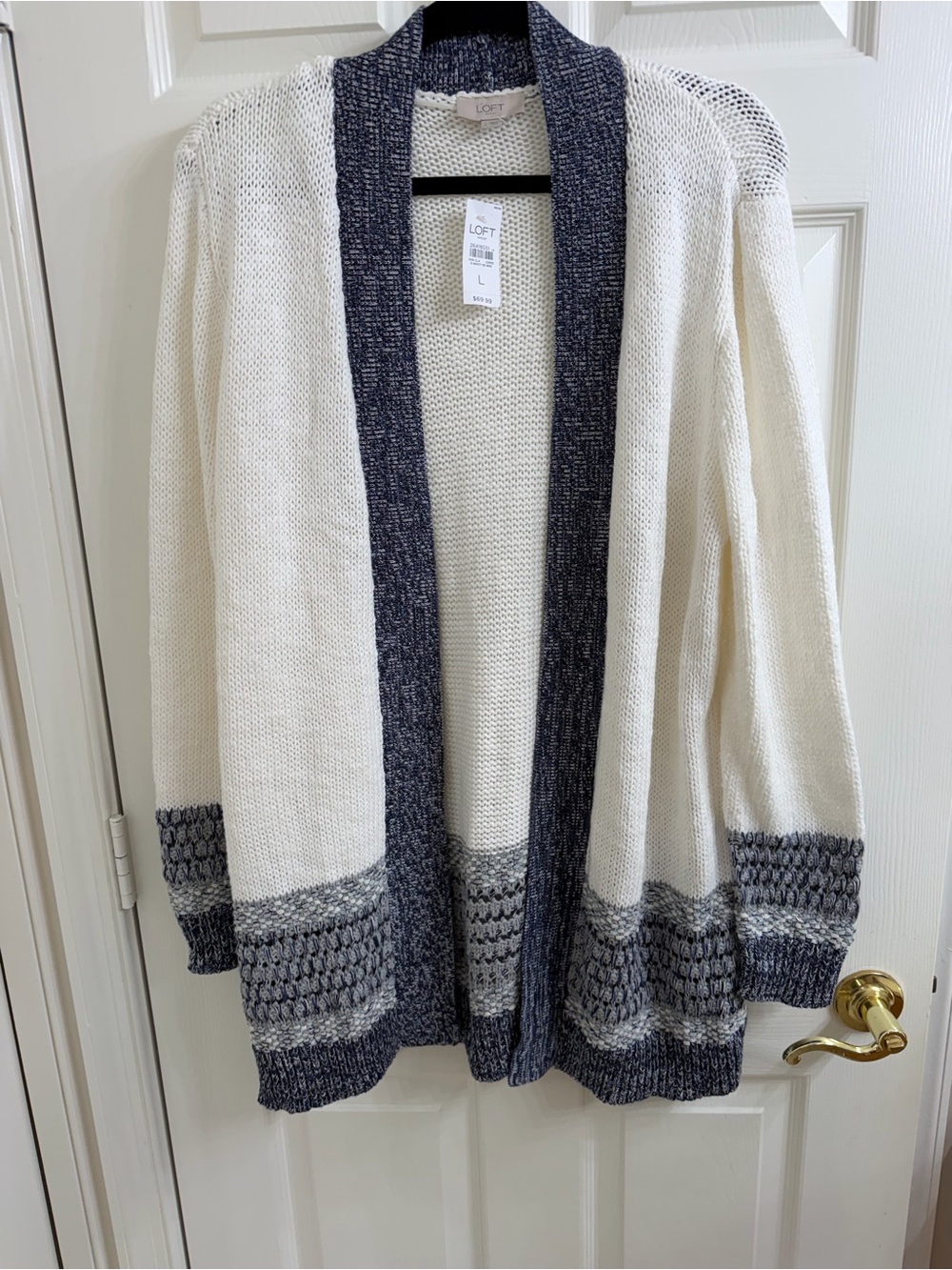 LOFT Cream and Navy Open Front Knit Cardigan with Patterned Hem
